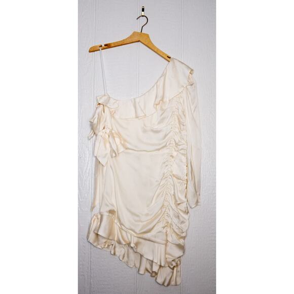 TULAROSA 'Naomi' Cream Satin Ruched Ruffled One Sleeve Mini Dress XL - Picture 7 of 13